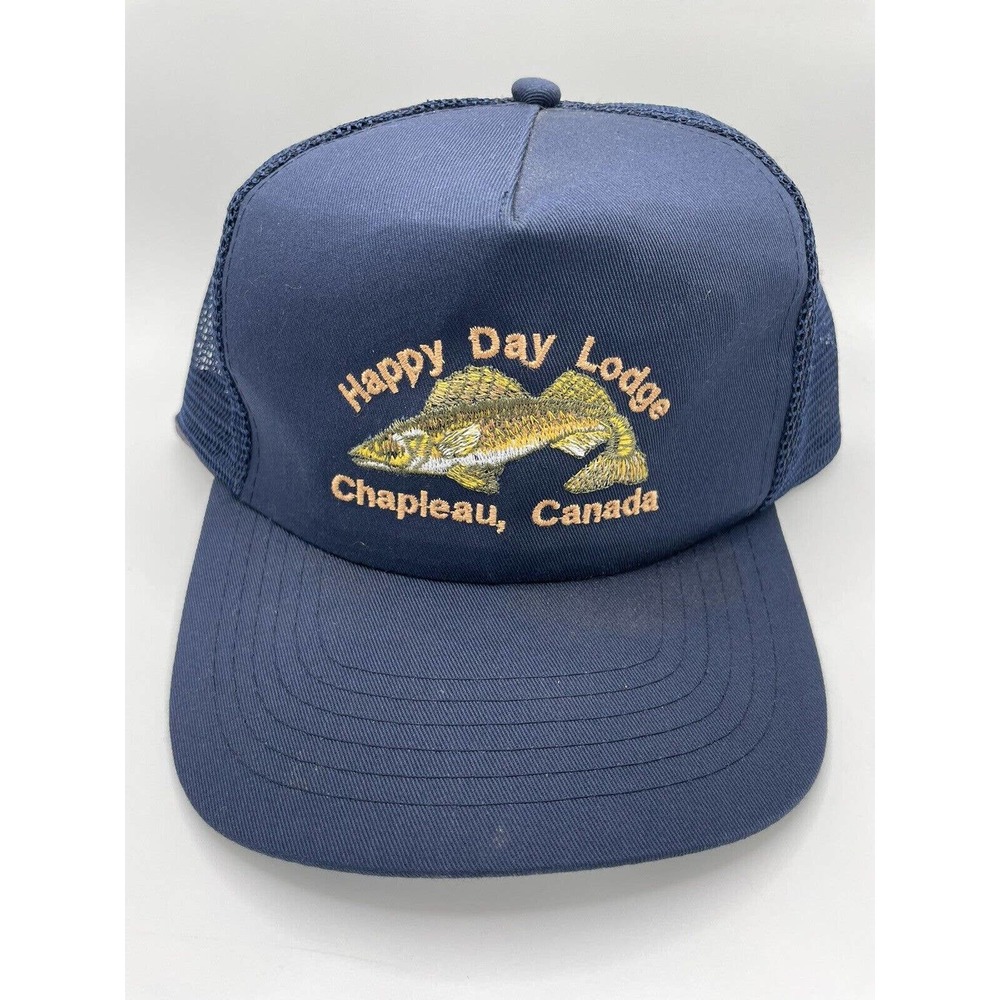 Happy Day Lodge Fishing Hat Trucker Cap Cotton Adjustable Blue Chapleau Canada